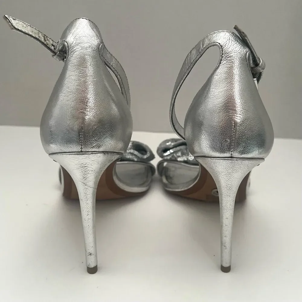 Michael Kors Paris Leather Stiletto‎ Heels Womens 7 Silver Metallic Bow Designer